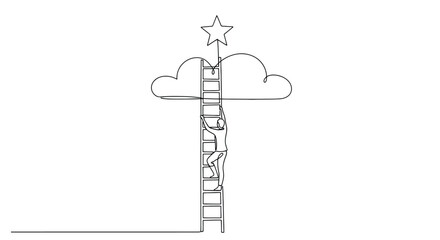 Continuous line drawing of person climbing ladder to star in cloud © Line Lab