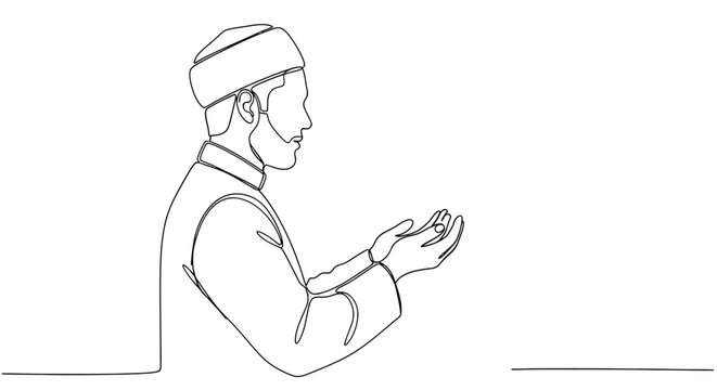 Muslim man praying with open hands, spiritual supplication line art