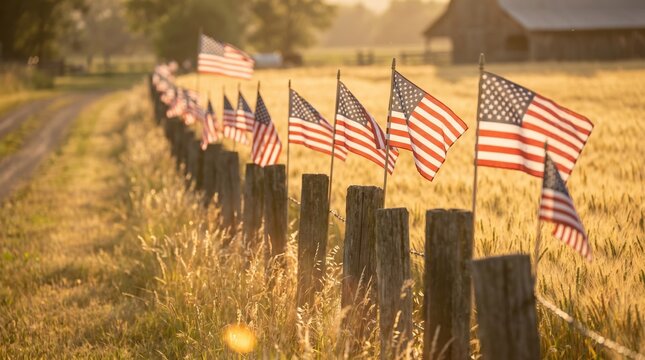 A row of American flags attached to a rustic wooden fence along a rural country road beside a golden wheat field at sunset