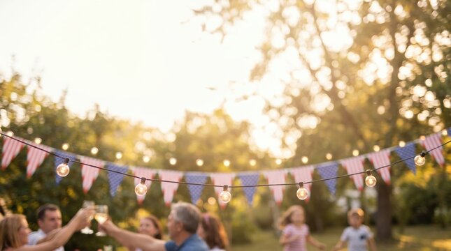 Family and friends celebrating at a sunny backyard party with American flag bunting and string lights, a warm patriotic scene for Fourth of July, summer gatherings and holiday ads