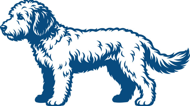 Blue illustration of a standing dog with shaggy fur