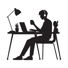 Fototapeta premium Freelancer Working on Laptop at Home Office Silhouette Vector Illustration EPS
