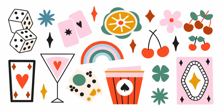 Casino game elements and fruits colorful vector illustration on white