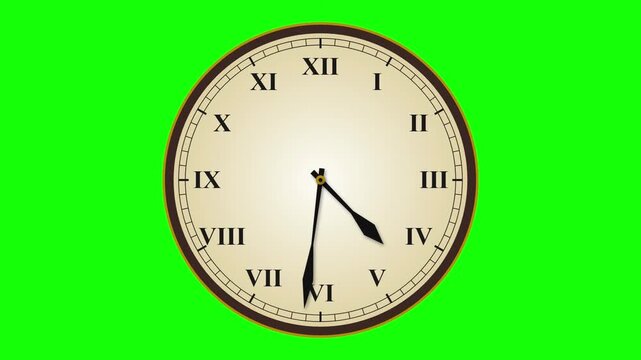 Looping animation of vintage style wall clock with roman numerals, green screen background