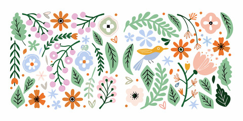 Obraz premium Floral pattern with flowers leaves and bird illustration on white background