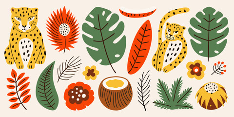 Stylized floral and fauna illustration with leopards and tropical leaves © Pali