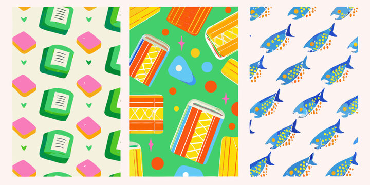 Colorful repeating patterns featuring vintage radios and fish