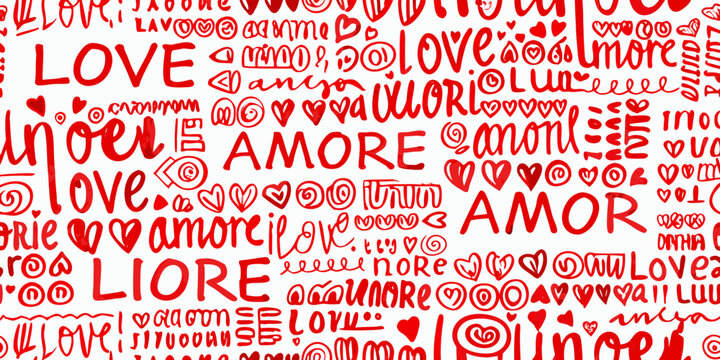 Seamless pattern featuring the words love and amore in red on white