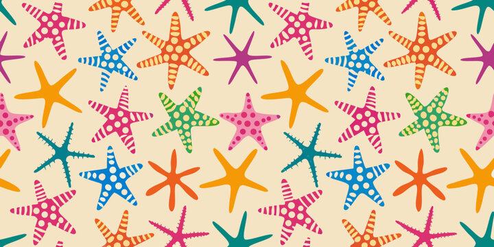 Colorful starfish seamless pattern on a beige background