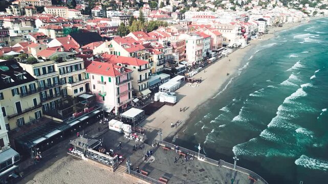 Aerial view of Spiaggia di Alassio Italy with turquoise Mediterranean sea