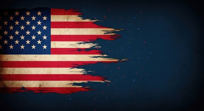 Distressed american flag with grunge effect on dark navy blue background.