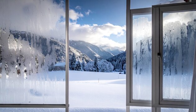 Snowy mountain view from a window on a bright winter day