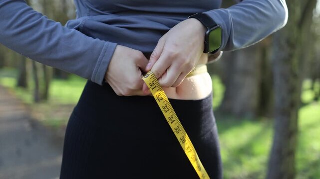 Young woman measures waist with tape after outdoor workout tracking fitness progress healthy habits and body transformation during active lifestyle journey