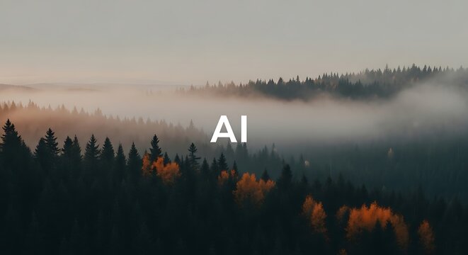Misty forest with autumn trees and "AI" overlaid