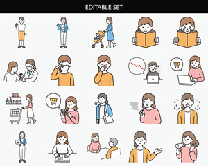 Fototapeta premium Editable vector set of 20 diverse women illustrations, daily life scenes, office work, parenting, shopping, cartoon characters