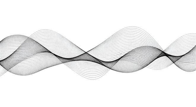 Abstract dot wave background, curves made of finely spaced black dots on a clean white background