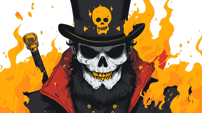 Stylized skull in top hat with cane - voodoo baron character, fire background art