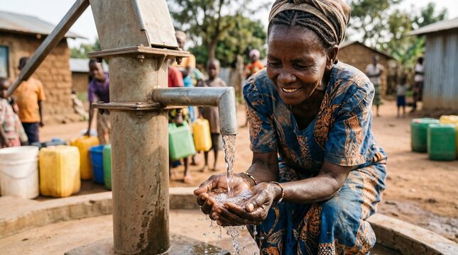 African woman collecting clean water from village well pump, global humanitarian concept and sustainable community development projects.