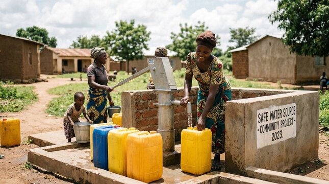 African women and children collecting fresh water from a manual hand pump well in a rural village community.