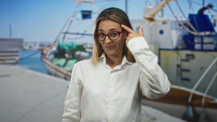 Fototapeta premium Woman points finger to temple at street pier with moored boats and dock, wearing red glasses and white shirt; thoughtful idea.