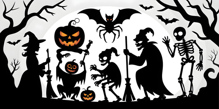 Halloween silhouettes with pumpkins witches skeletons and bats in a forest scene