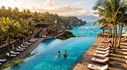 Plakat Luxury tropical resort swimming pool with palm trees overlooking the turquoise sea and island coast under a summer sky
