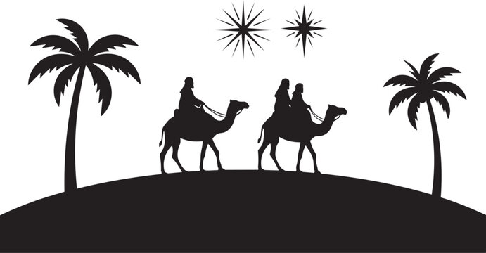 Black silhouette of three wise men riding camels under starry night sky with palm trees.