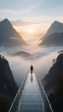Person standing on glass bridge between steep mountain cliffs above sea of clouds at golden sunrise with sun flare
