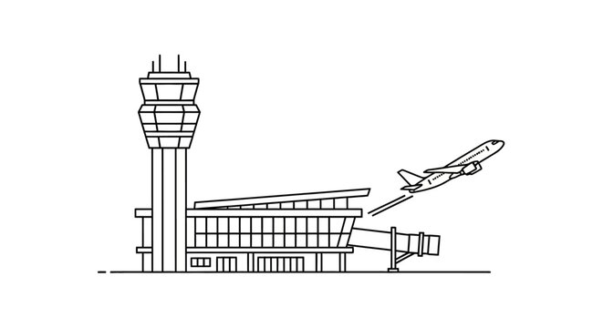 Airport Terminal Building with Control Tower and Departing Airplane, isolated white background