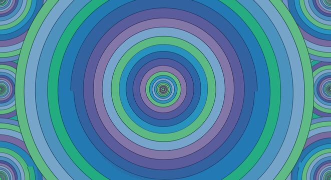 Vibrant concentric circles in shades of blue green and purple create optical illusion.