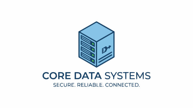 Abstract 3D server icon with text for data systems.