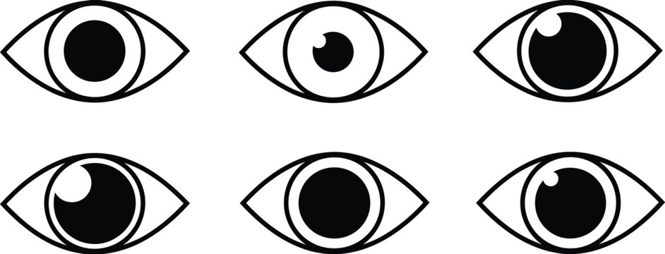 Six black and white graphic eye icons arranged in two rows of three symbol vision