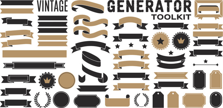 Vintage generator toolkit with black and gold ribbons banners badges and labels vector