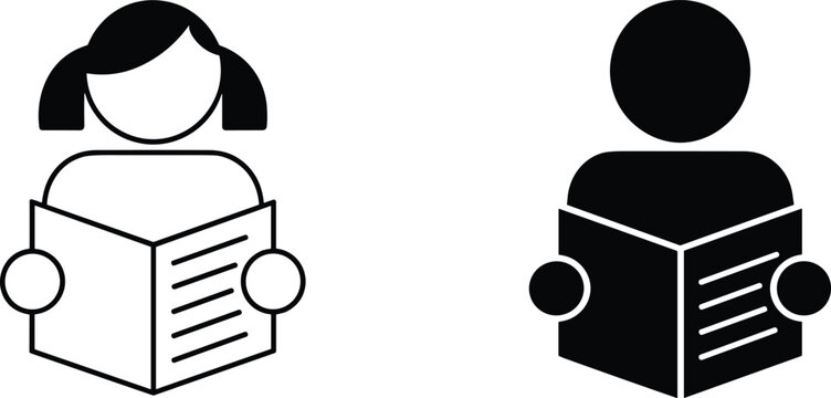 Two simple icons one black and white outline of a person with pigtails reading a book and one solid black icon of a person reading a book