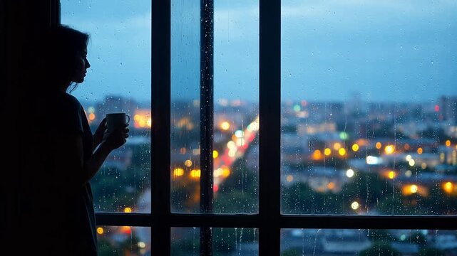 Silhouette of woman holding cup by rainy window representing the awe-inspiring power of nature