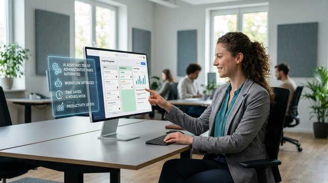 Businesswoman using AI assistant on computer screen to automate tasks and optimize workflow in a busy modern office.