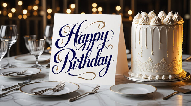 Elegant birthday table setting with cake and happy birthday sign on marble table