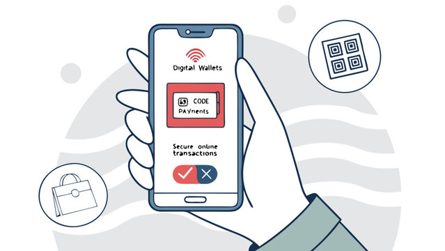 Hand holds a mobile phone displaying digital wallet interface for secure online transactions.