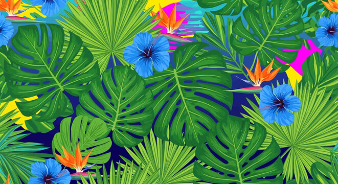 Vibrant tropical floral pattern with exotic leaves and colorful blooms.