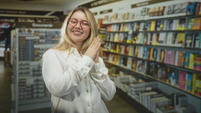 Woman with hands clasped in praying gesture in a bookstore aisle smiling in red glasses and white blouse; gratitude discovery.