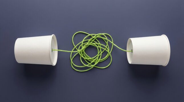 Two white paper cups connected by a tangled green string on a dark background
