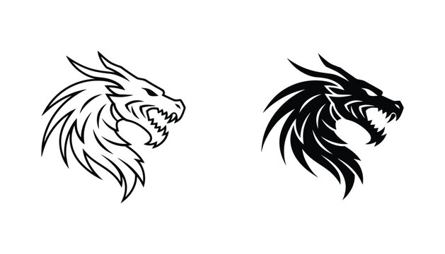 Stylized dragon head profile illustration in black and white line art and solid silhouette variations for fantasy gaming logo design