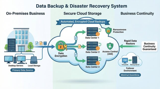Comprehensive cloud data backup and disaster recovery system infographic showing secure storage and business continuity workflow.