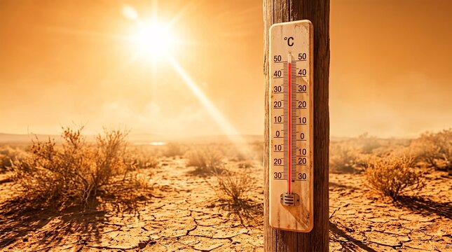 Outdoor Celsius Thermometer Showing Extreme Heat Near 50&deg;C Mounted on Wooden Post in Scorching Desert Landscape &mdash; Global Warming and Heat Wave Concept