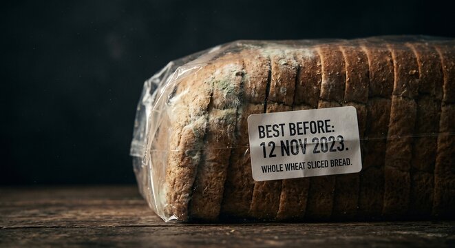 Moldy Expired Whole Wheat Sliced Bread in Plastic Bag with Best Before Date Label &mdash; Food Waste and Expiration Concept