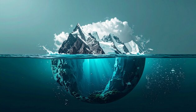 World Oceans Day concept with iceberg partially submerged underwater, symbolizing climate change and ocean conservation