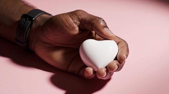 Close-up of a dark-skinned hand holding a white heart-shaped object on a pink backdrop