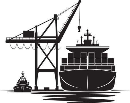 Cargo ship and tugboat at port with crane Vector