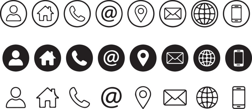 Business card icon set. Containing contact information, name, address, phone, e-mail, location, website, telephone, mail and more. Vector illustration.