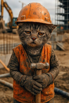 animal art, cat worker looking exhausted, standing with helmet and hammer on a construction site, tired and sad, antropomorphic, cartoon, photorealistic